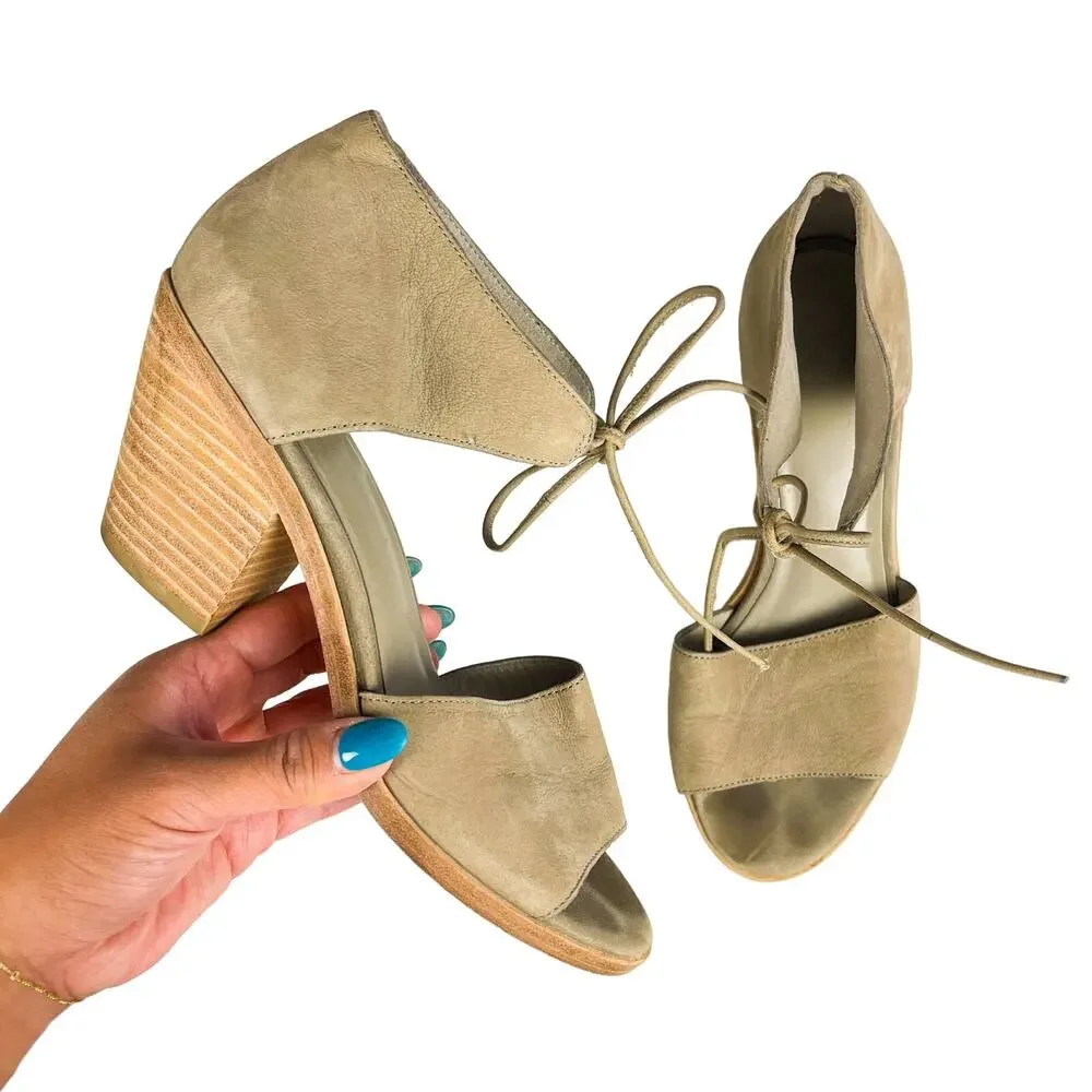 Eileen Fisher Ann Ankle Tie Leather Chunky 3” Heel Sandals Gray Beige - 7.5